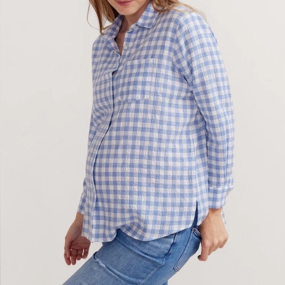 Hatch Tops - HATCH maternity blue white gingham boyfriend shirt 100% Cotton 3 L